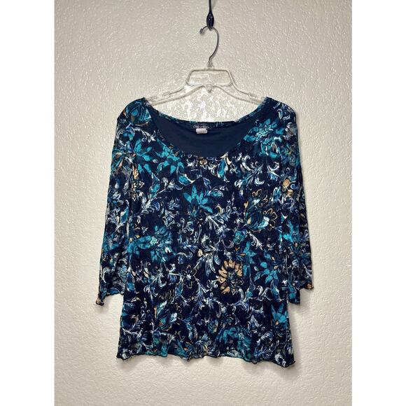 Vintage Y2K 90s Only Nine Lace Top 3/4 Sleeve Floral Blue Womens 1X Stretchy - Picture 1 of 9